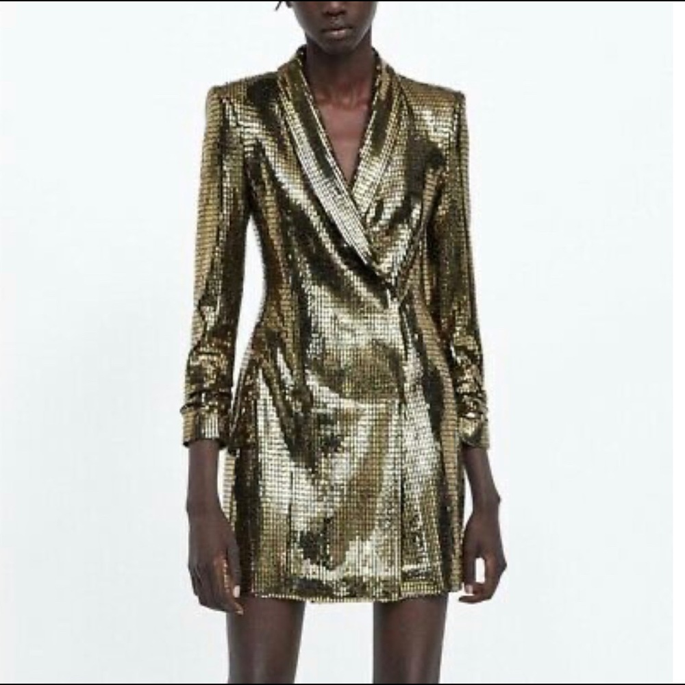 Limited Edition NWT Zara Gold Sequin Blazer Dress